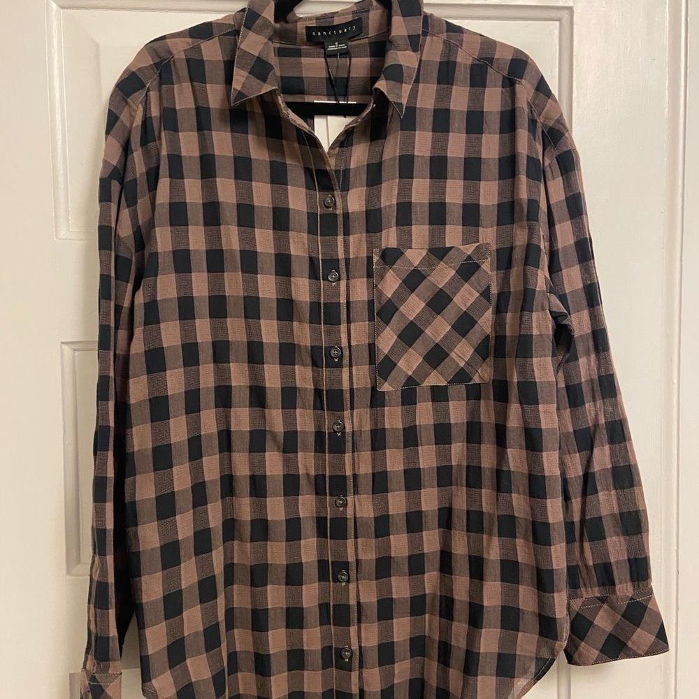 Sanctuary Black and Brown Plaid Women's Button Down Shirt